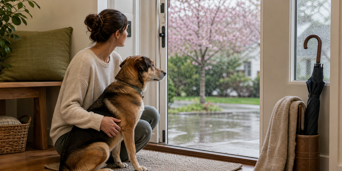 Dog and pet parent watching a rainy day from inside the home