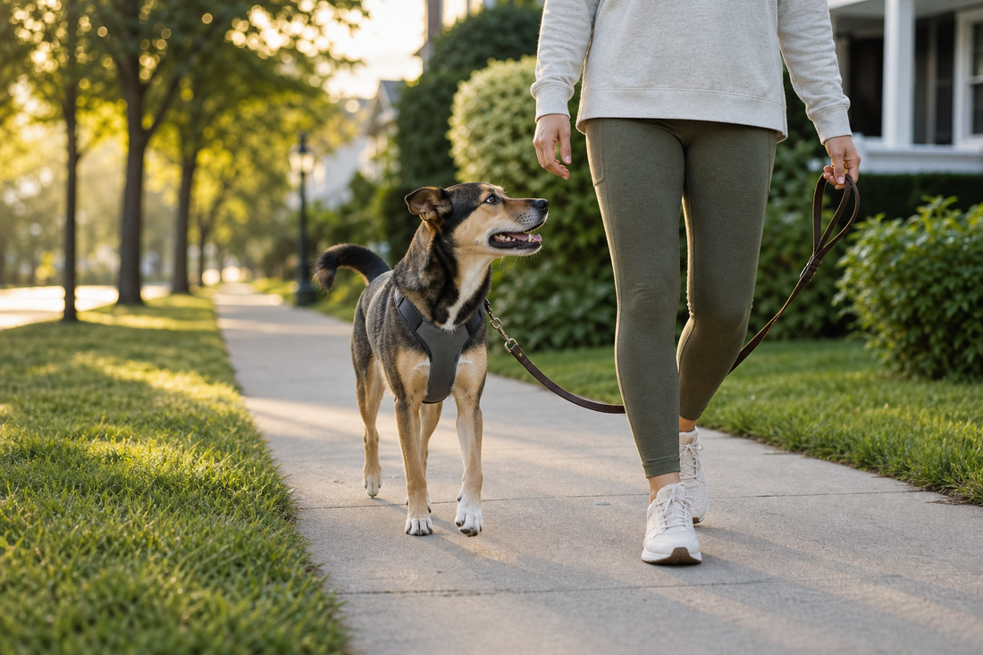 Dog and human beginning a calm structured morning walk together