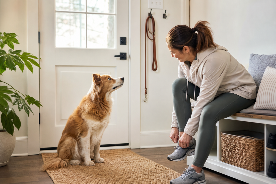 Pet parent preparing to leave while a dog waits by the door