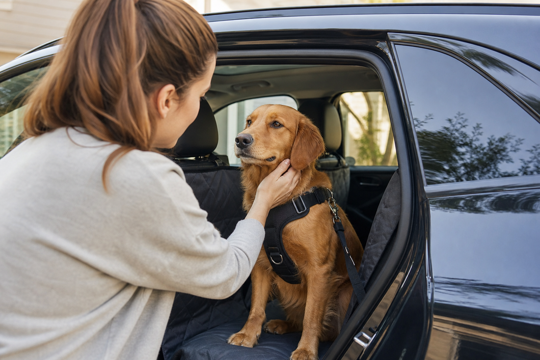Pet parent reassuring a dog safely secured in a parked car