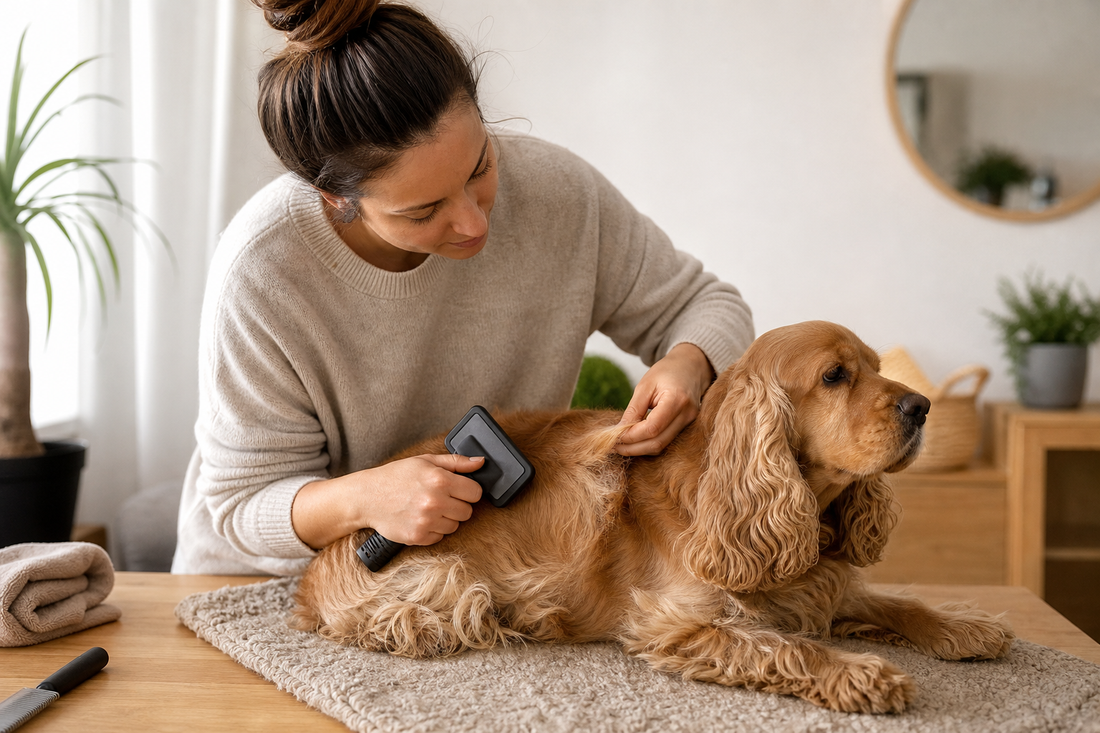 Pet parent gently brushing a dog's coat to support brittle fur