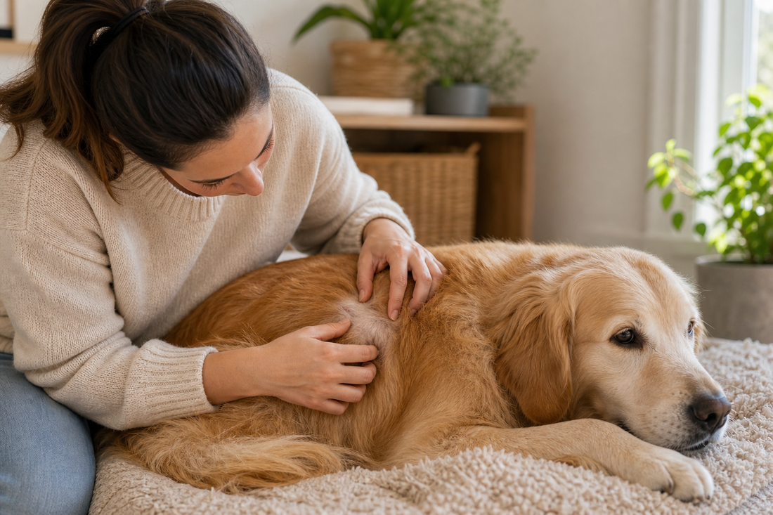 Pet parent gently checking a dog's skin for dry patches