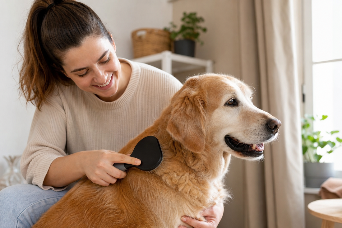 Pet parent brushing a dog with a dull coat in soft light