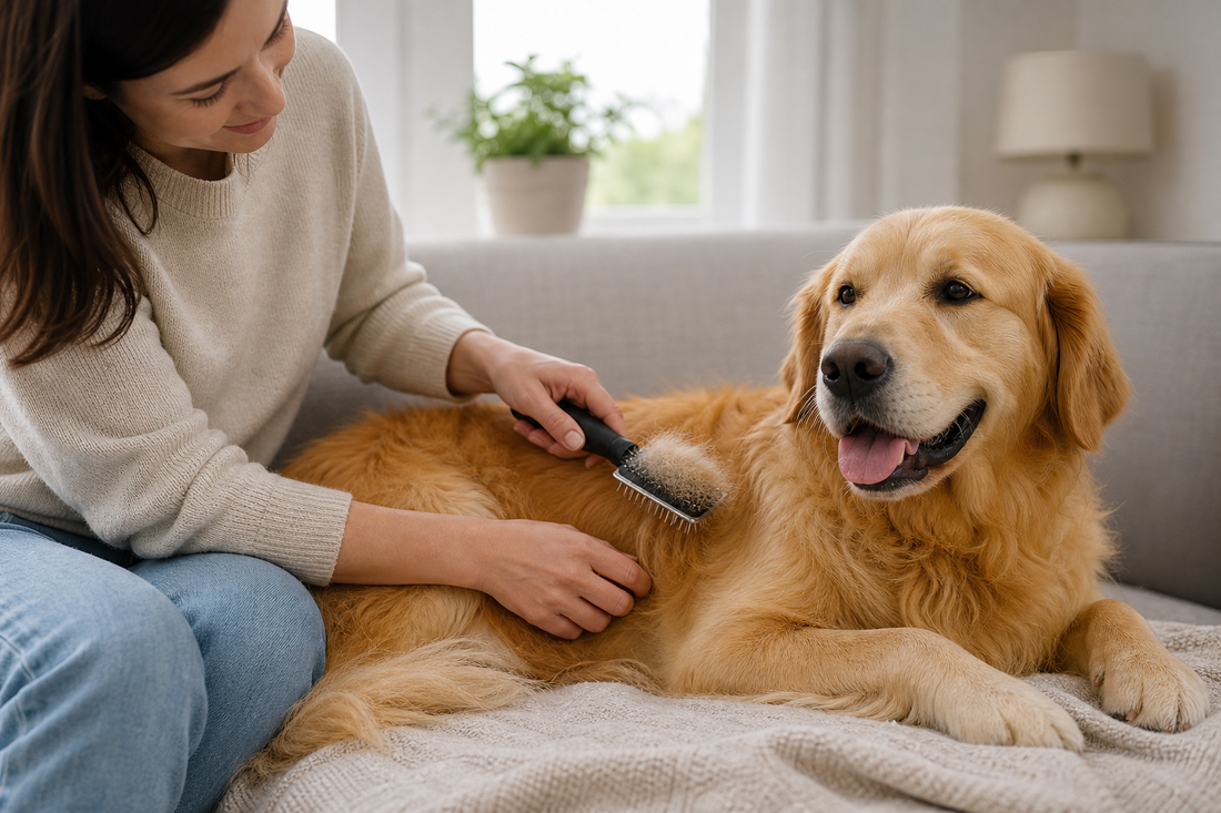Pet parent brushing loose fur from a dog in a clean living room