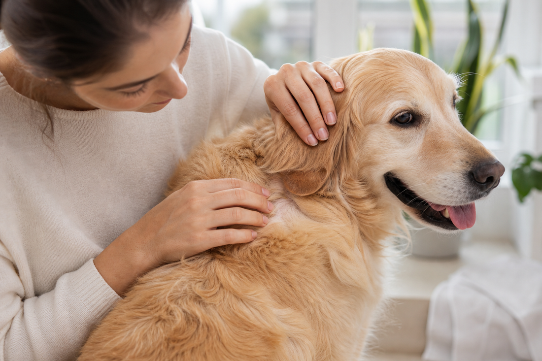 Pet parent gently checking a dog's coat for thinning fur