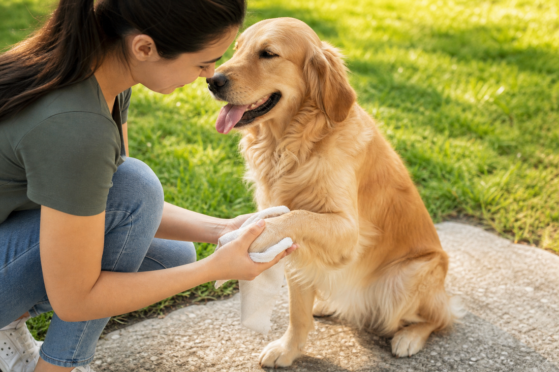 Pet parent wiping a dog's paws after walking on grass