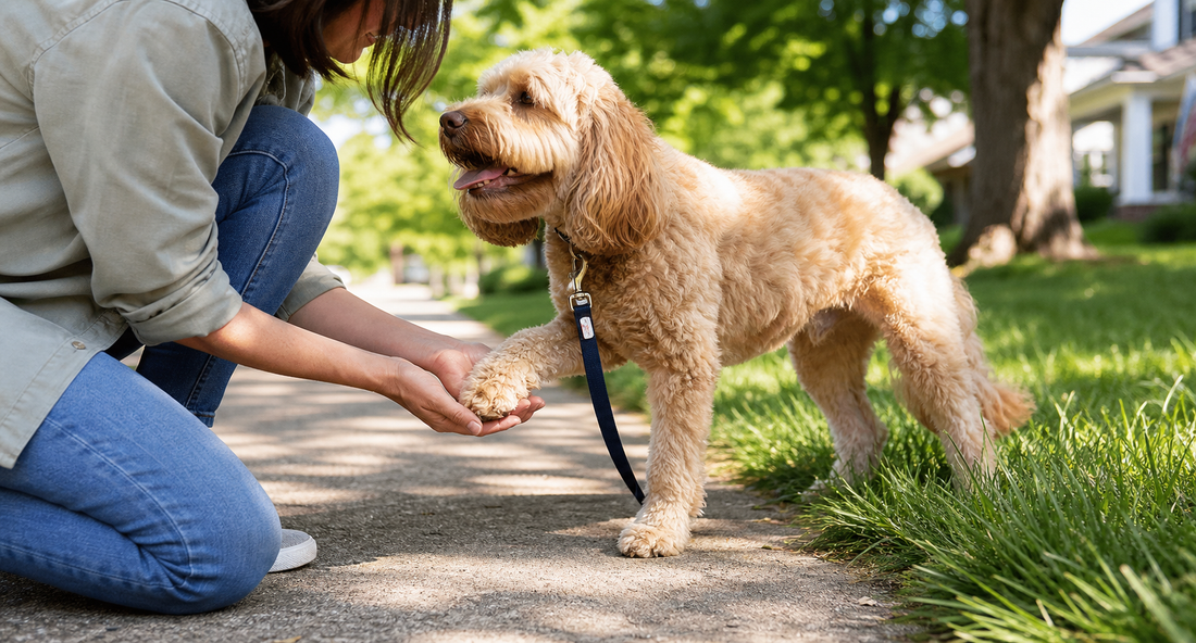 Pet parent checking a dog's paw near grass after a walk