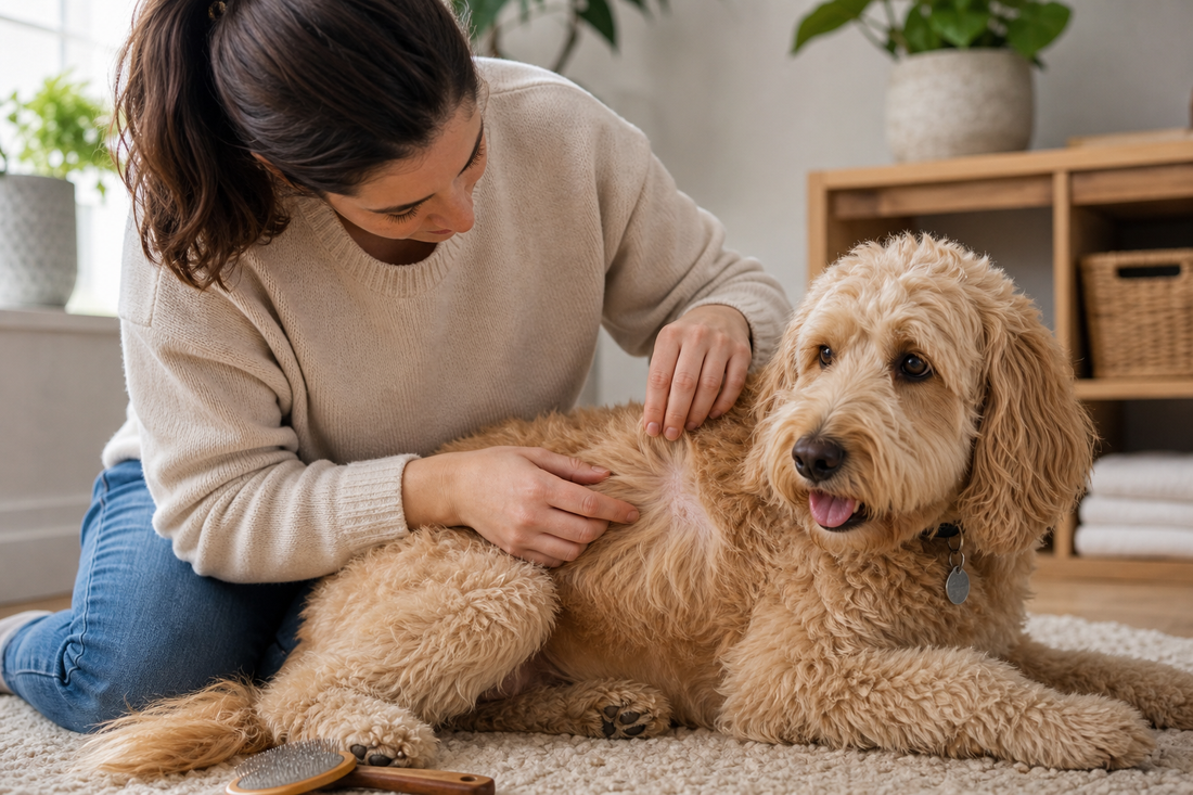 Pet parent gently examining a dog's skin and coat in a grooming space