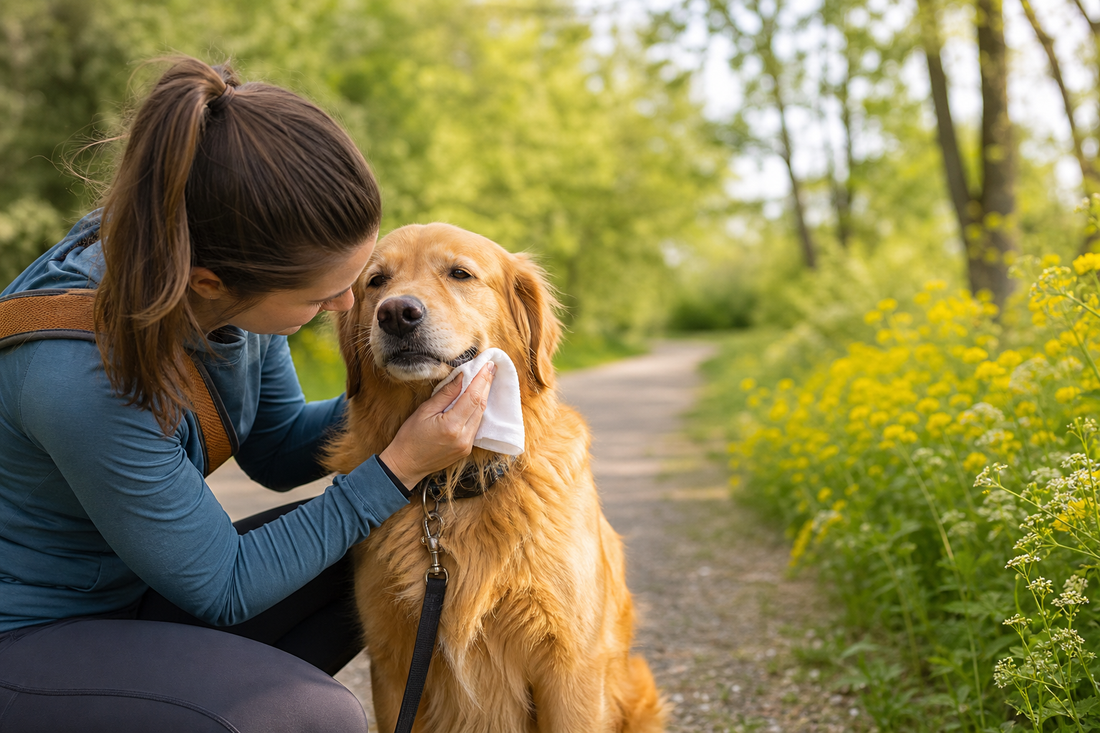 Pet parent wiping a dog's face and paws after a spring walk