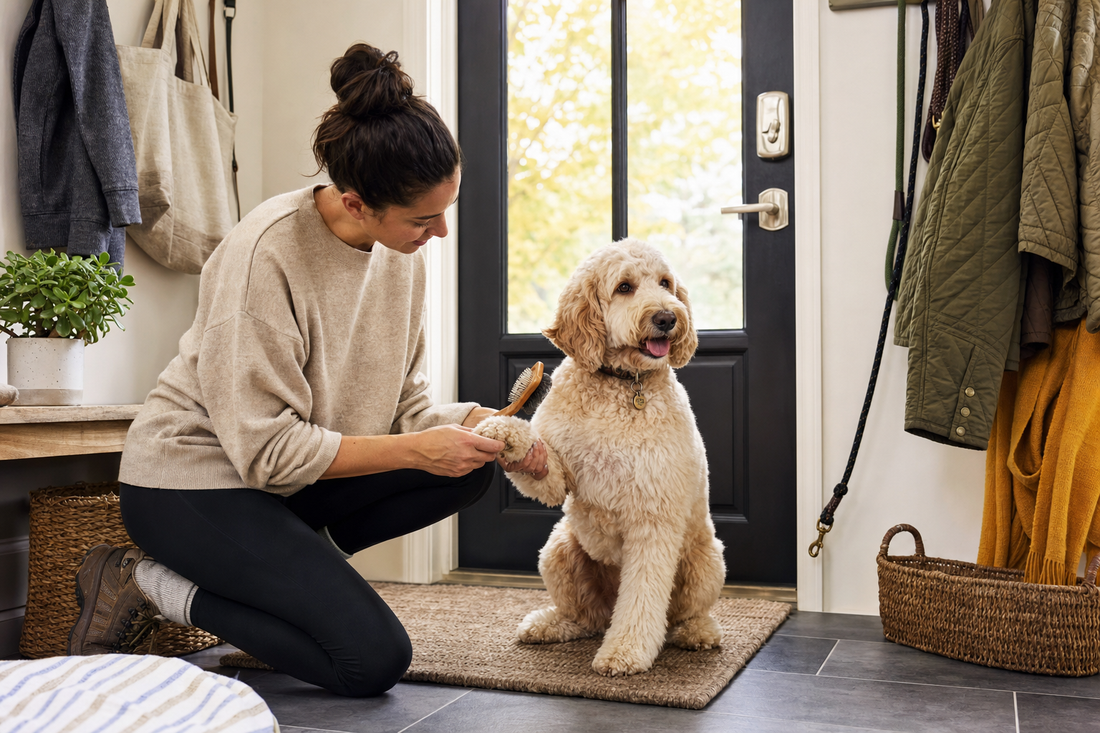 Pet parent brushing a dog after a walk to manage allergy triggers
