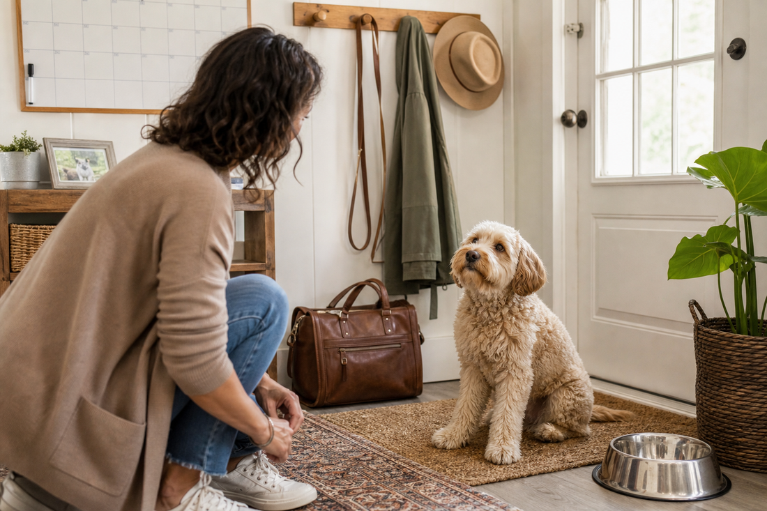 Pet parent preparing a daily routine while a dog watches calmly