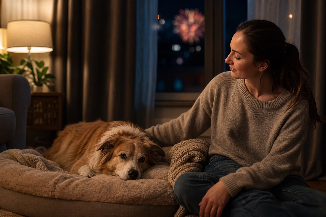 Pet parent sitting beside a dog in a cozy safe space during fireworks
