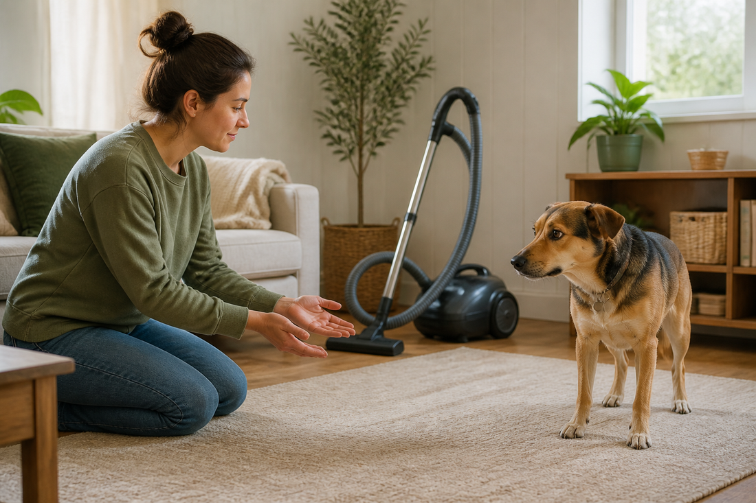 Calm human giving space to a cautious dog in a living room with a vacuum nearby