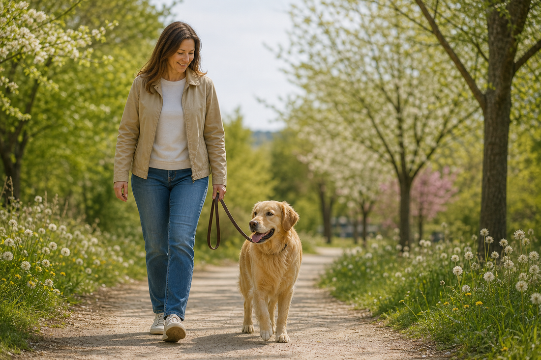 Dog and pet parent walking calmly outdoors during allergy season