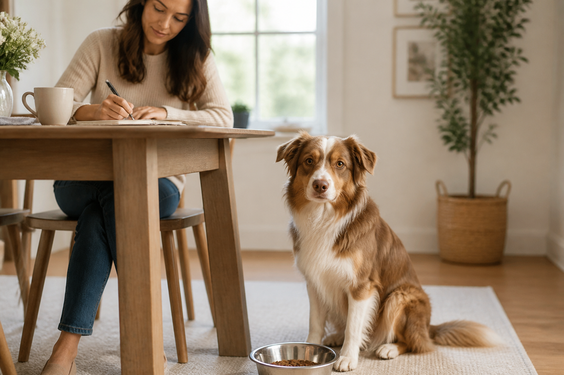 A calm dog beside a food bowl while a pet parent reviews meal notes in a bright dining area