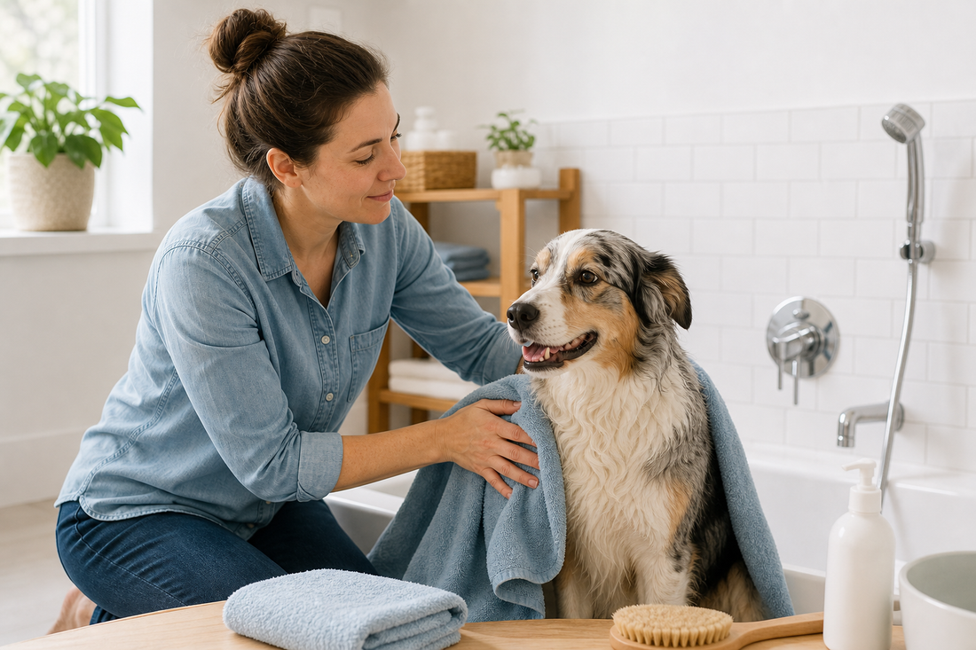 Calm dog beside a gentle at-home bathing setup with a towel nearby
