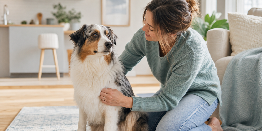 A healthy-looking dog beside a relaxed pet parent during a calm home check-in