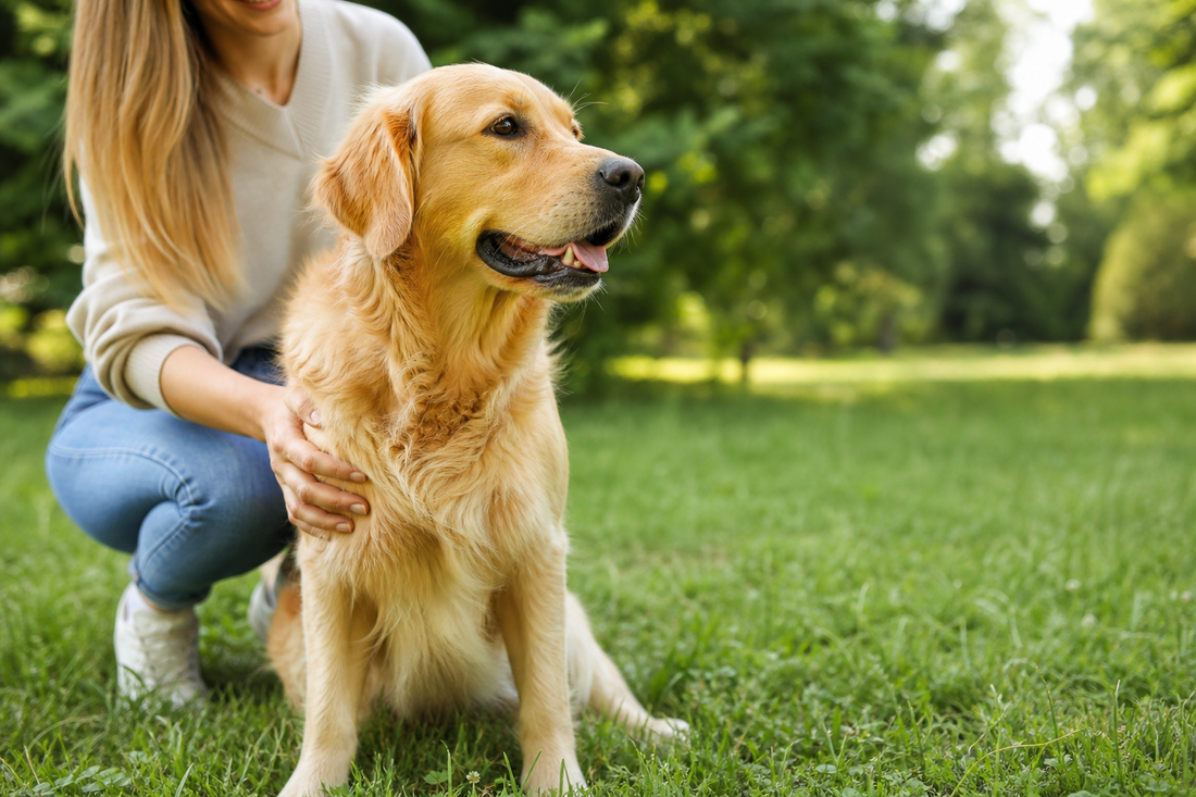 A healthy dog with a bright coat outdoors beside a calm pet parent