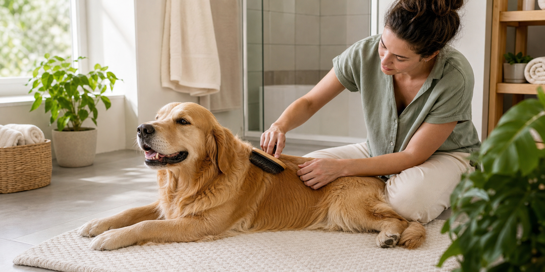 A relaxed dog being gently brushed by a calm pet parent in a bright grooming space