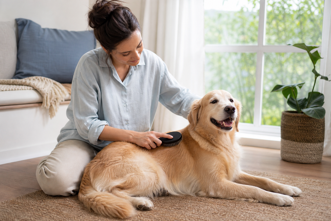A pet parent gently brushing a relaxed dog with a healthy-looking coat near a bright window