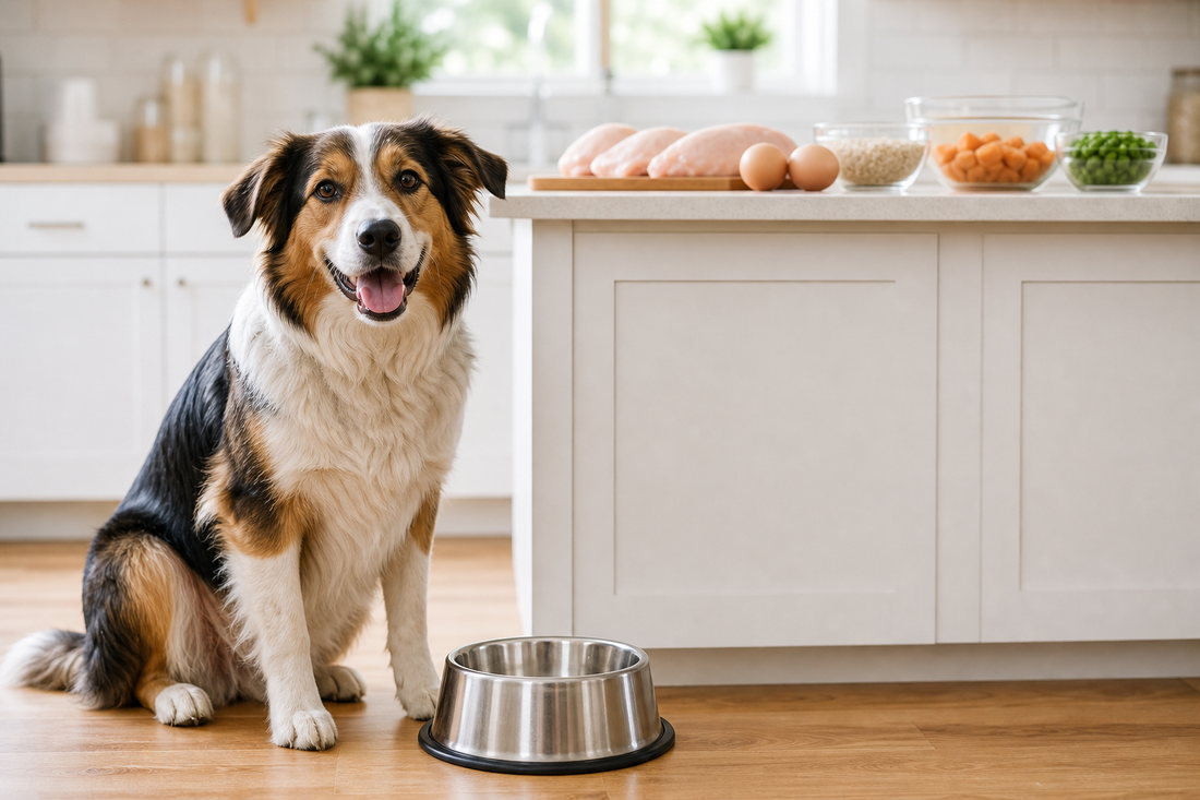 A calm dog beside a food bowl in a bright kitchen with simple whole-food ingredients in the background
