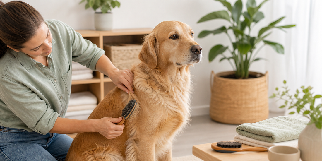 A pet parent gently brushing a dog's coat during a skin and coat check