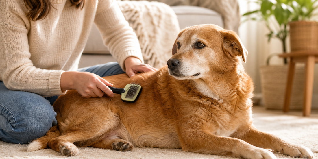 A calm dog being gently brushed indoors in soft daylight to support skin and coat care