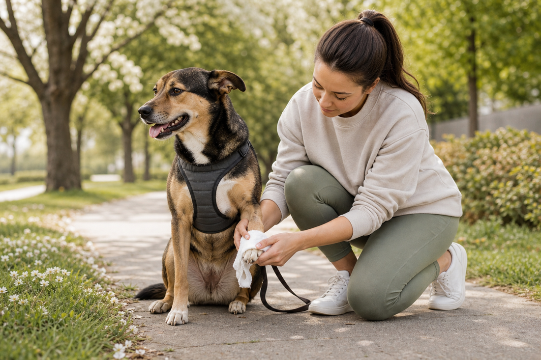 Dog and human pausing calmly after a walk while the human wipes the dog's paws