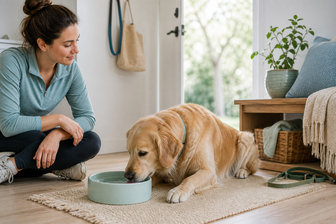 Relaxed dog drinking water from a bowl in a calm bright home