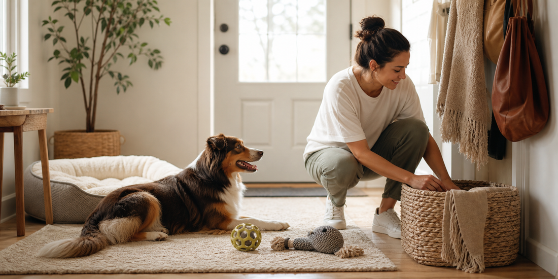 A calm dog resting near safe enrichment toys while a pet parent tidies the home