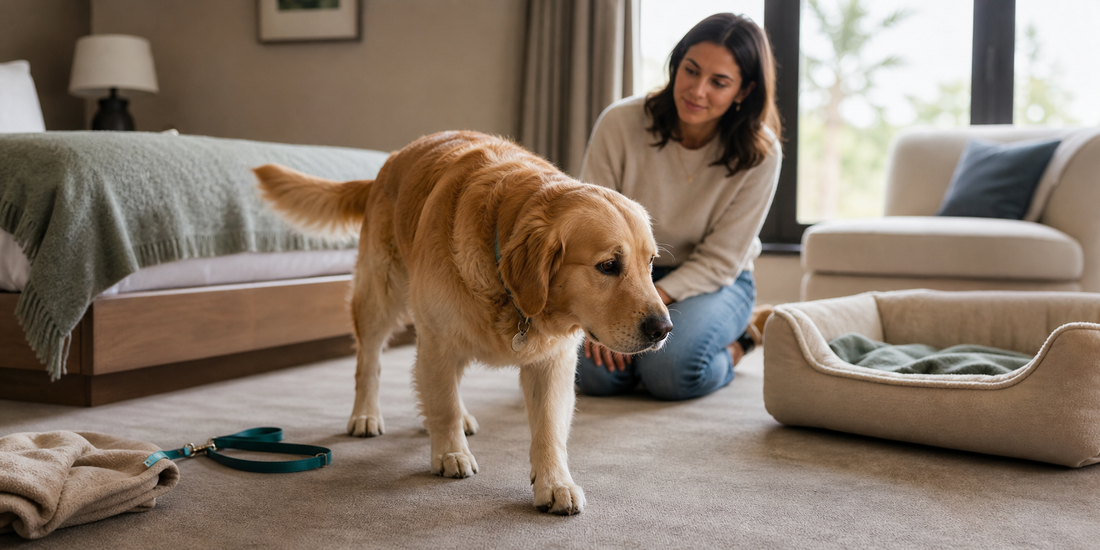A dog calmly exploring a new indoor environment with a pet parent nearby