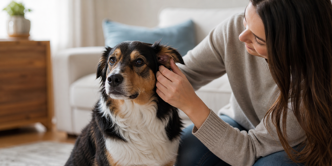 A pet parent gently checking a calm dog's ear at home