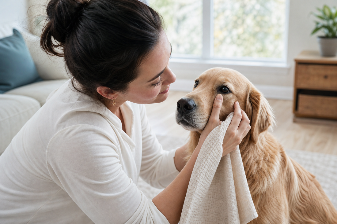 A pet parent gently checking a calm dog's face near the eyes at home