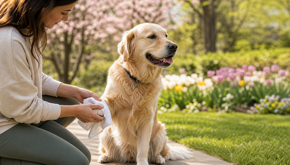 A pet parent gently wiping a dog's paw after a spring walk