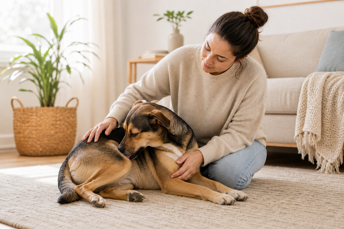 Calm dog resting near a human who is gently redirecting attention indoors