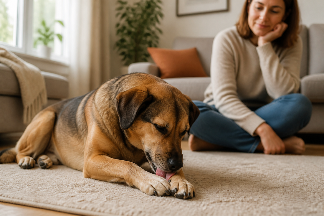 A calm dog licking one front paw in a softly lit living room while a pet parent watches supportively