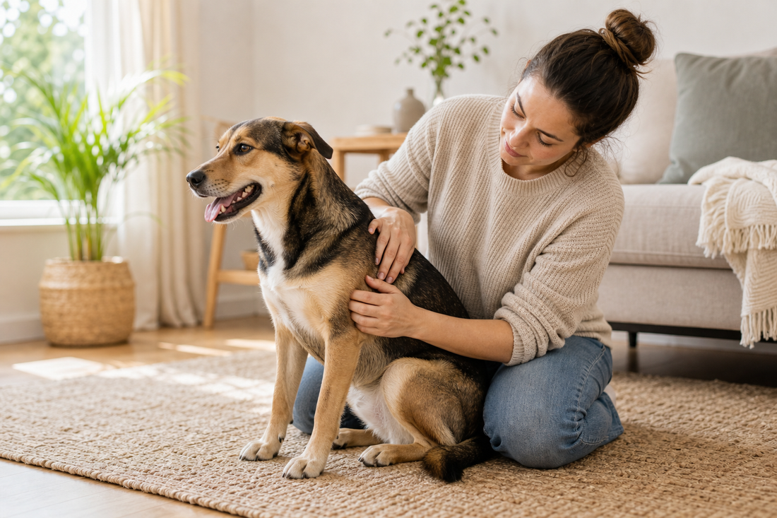 Calm dog sitting near a human who is gently checking the dog's side