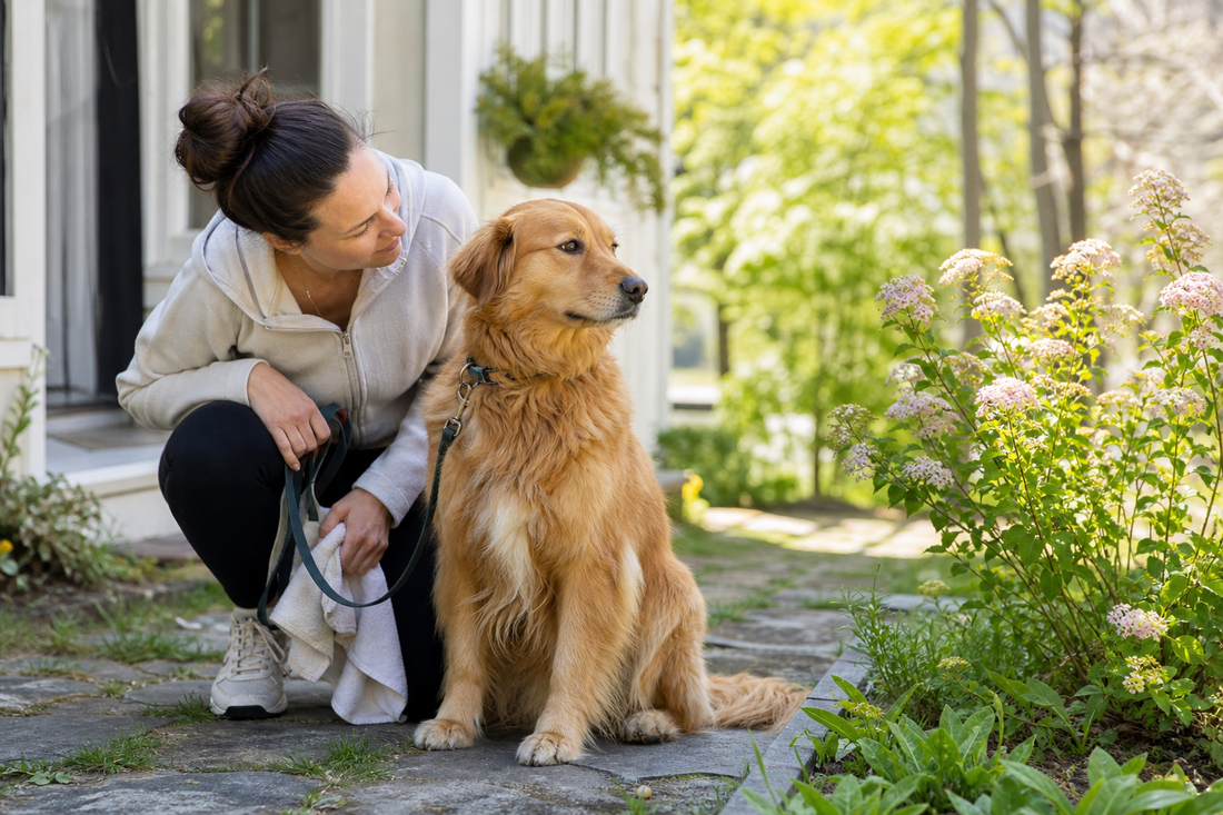 A pet parent sitting with a calm dog near a spring garden after a walk