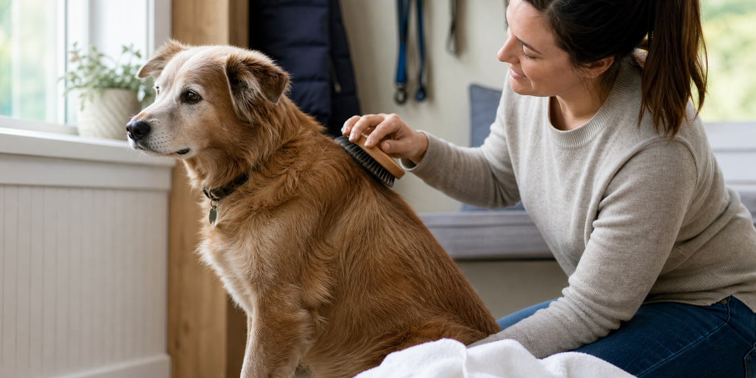 A pet parent gently brushing a calm dog's coat during a home grooming routine
