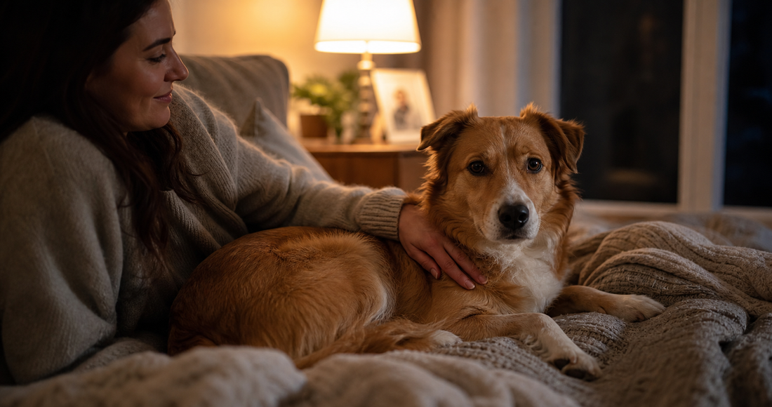 A calm dog resting near a pet parent at night in a cozy home