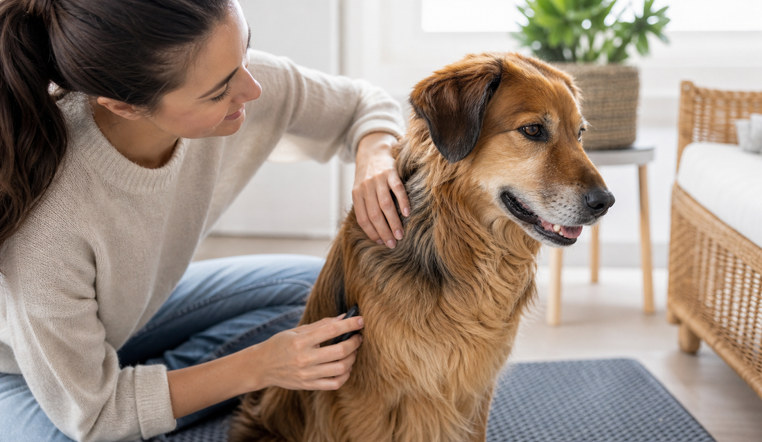 A pet parent gently checking a calm dog's coat shine during a home grooming routine