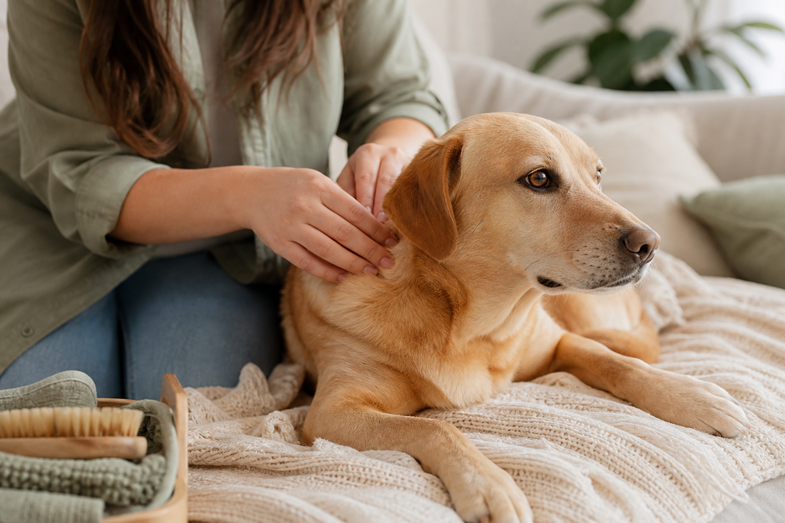 A pet parent gently checking a calm dog's sensitive skin at home