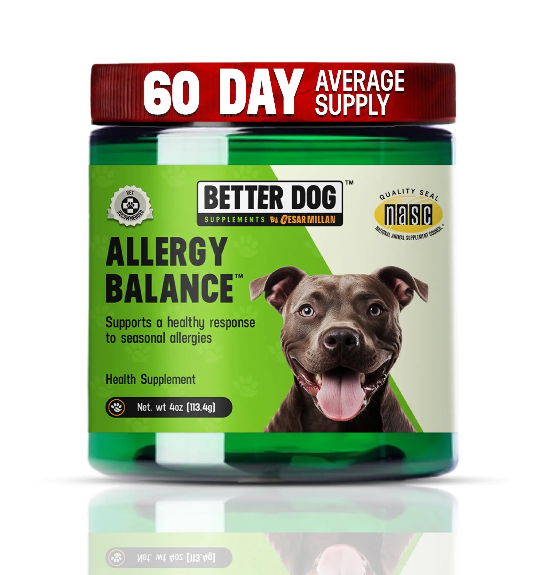 Better Dog Allergy Balance supplement jar with a dog on the label against a white background