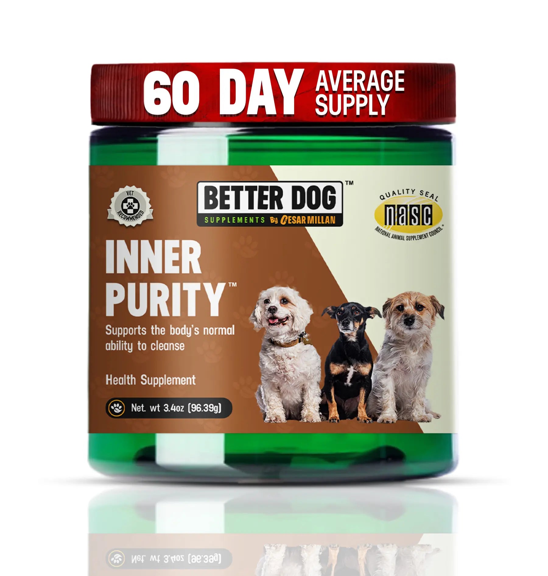 Dog health supplement jar labeled 'Inner Purity' by Better Dog on a white background