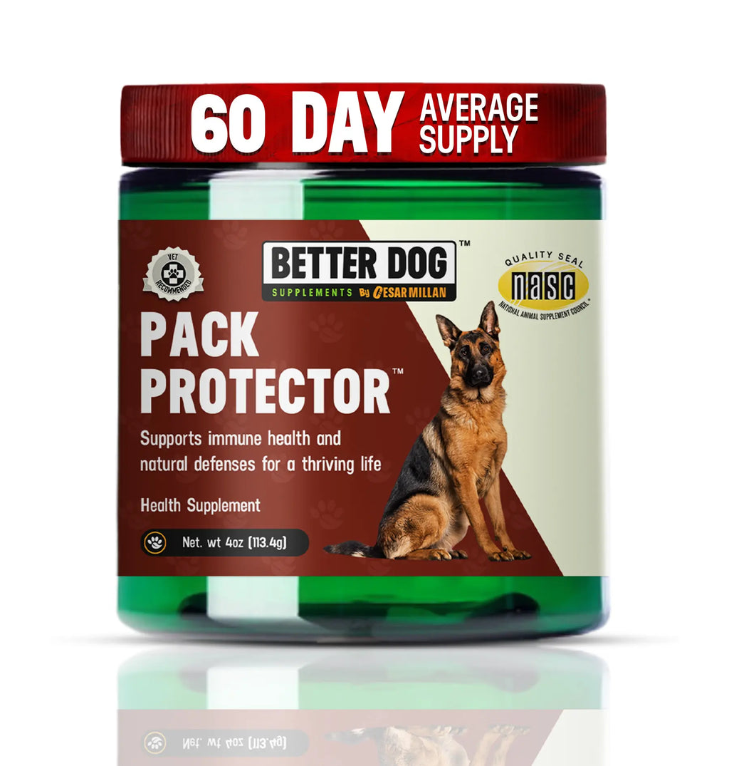 Jar of Better Dog Pack Protector supplement with a German Shepherd on the label.