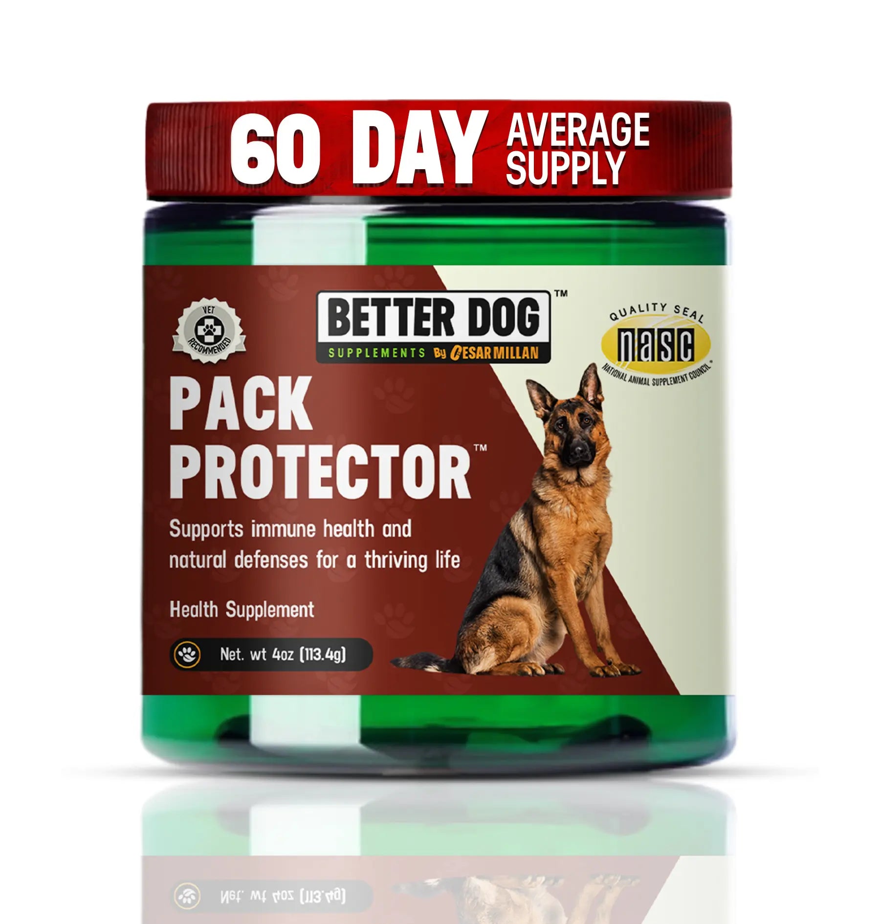 Jar of Better Dog Pack Protector supplement with a German Shepherd on the label.