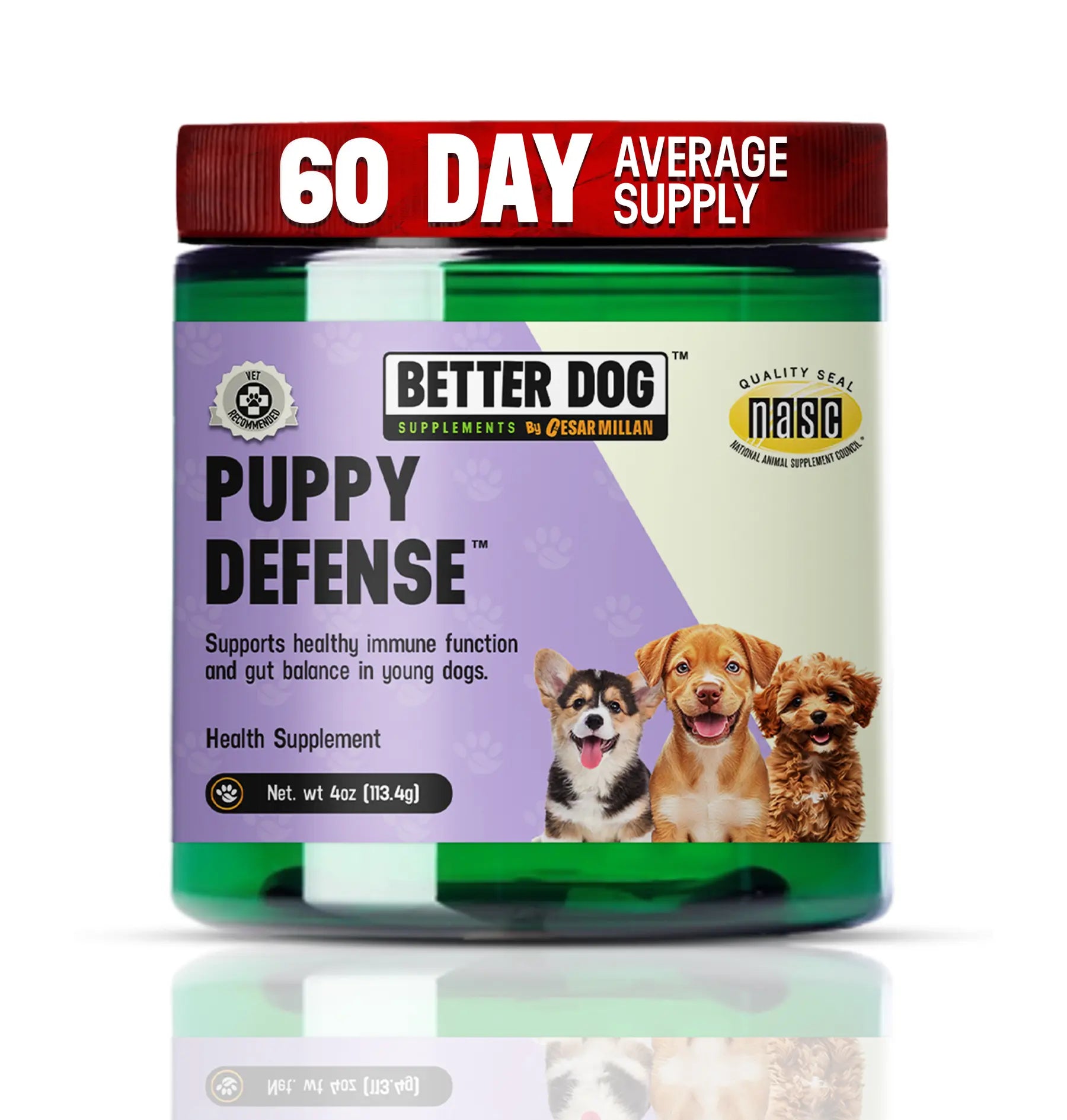 Better Dog Supplements Puppy Defense jar on a white background