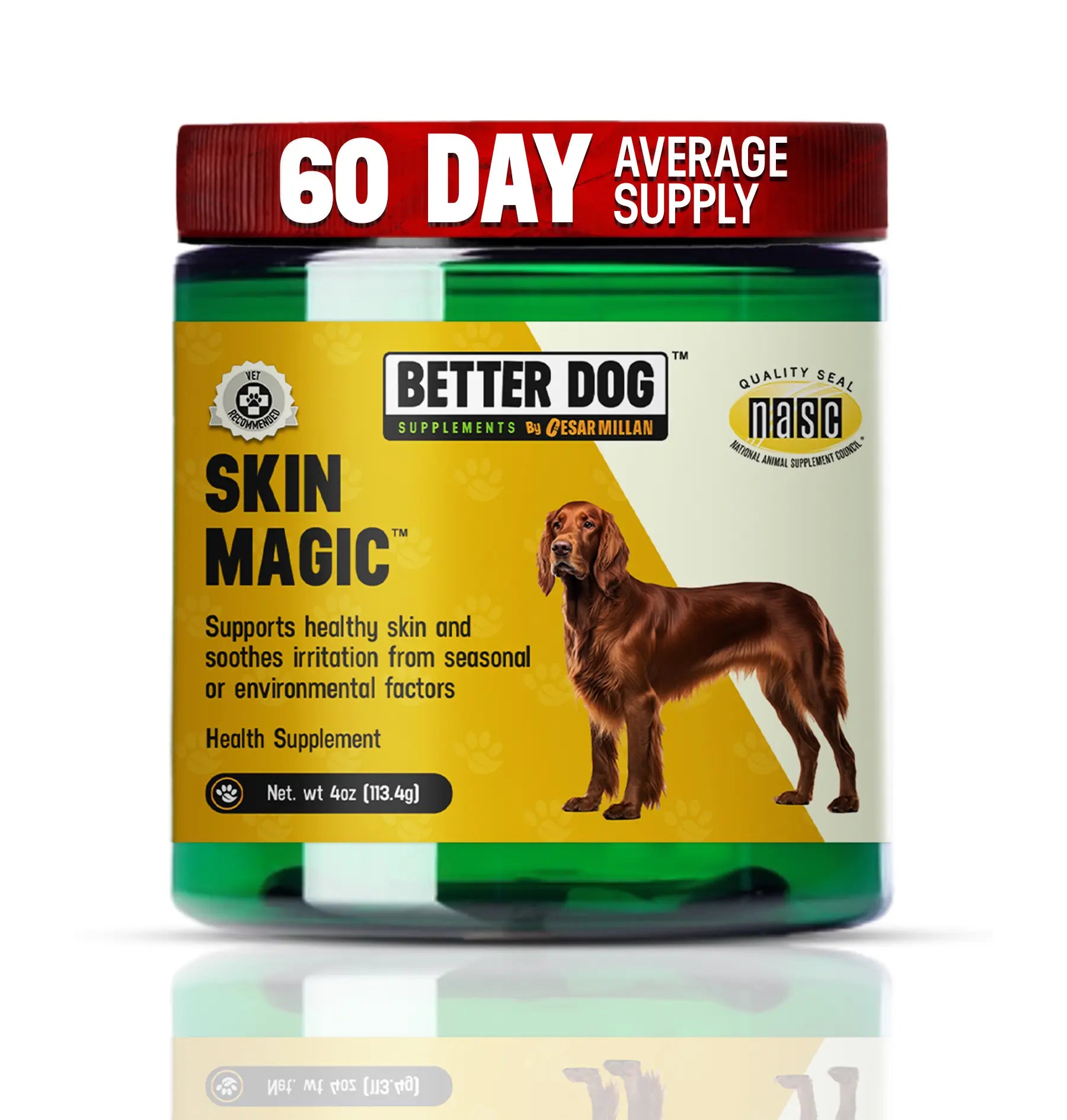 Dog health supplement jar labeled 'Better Dog Skin Magic' on a white background