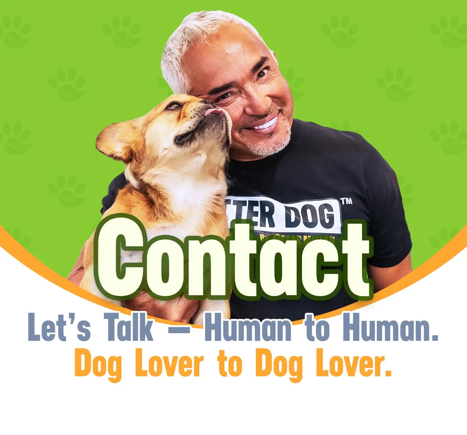 Man hugging a dog with promotional text on a green background
