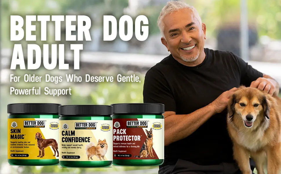 Man with a dog holding Better Dog Adult supplement jars.